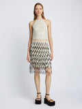 Front full length image of model wearing Graphic Beaded Fringe Embroidered Top in WHITE MULTI