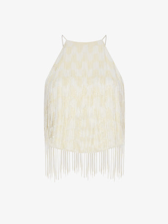 Still Life image of Graphic Beaded Fringe Embroidered Top in WHITE MULTI