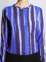 Detail image of model wearing Painted Stripe T-Shirt in COBALT MULTI