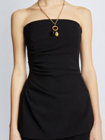 Detail image of model in Matte Viscose Crepe Strapless Top in Black