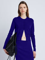 Front cropped image of model wearing Silk Viscose Cardigan in COBALT