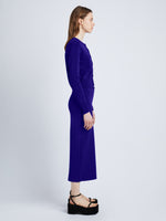 Side full length image of model wearing Silk Viscose Cardigan in COBALT