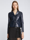 Front cropped image of model wearing Glossy Leather Jacket in NAVY
