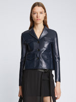 Front cropped image of model wearing Glossy Leather Jacket in NAVY