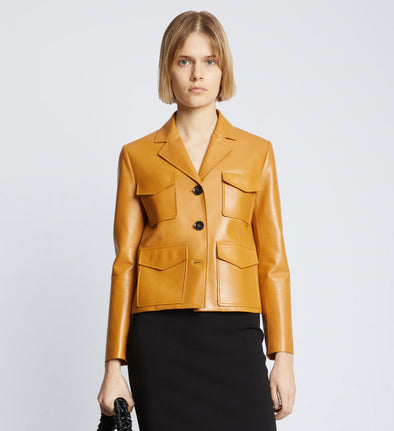Front cropped image of model wearing Glossy Leather Jacket in CARAMEL