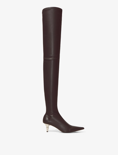 Side image of SPIKE STRETCH OVER-THE-KNEE BOOTS in Black with leather smoothed