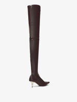 Back 3/4 image of SPIKE STRETCH OVER-THE-KNEE BOOTS in Black with leather smoothed