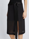 Detail image of model wearing Crepe Chiffon Wrap Skirt in BLACK
