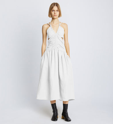 Front full length image of model wearing Viscose Linen Ruched Dress in OFF WHITE