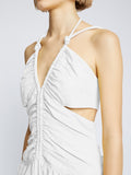 Detail image of model wearing Viscose Linen Ruched Dress in OFF WHITE