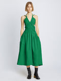Front full length image of model wearing Viscose Linen Ruched Dress in BRIGHT GREEN