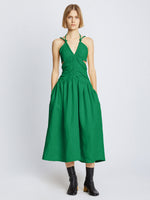 Front full length image of model wearing Viscose Linen Ruched Dress in BRIGHT GREEN