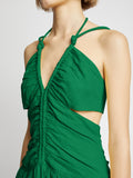 Detail image of model wearing Viscose Linen Ruched Dress in BRIGHT GREEN