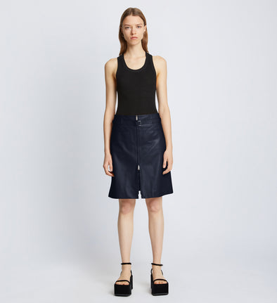 Front full length image of model wearing Glossy Leather Skirt in NAVY