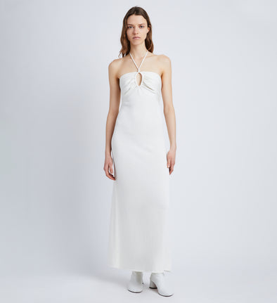 Front full length image of model wearing Textured Cotton Knit Halter Dress in IVORY
