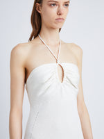 Detail image of model wearing Textured Cotton Knit Halter Dress in IVORY