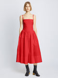 Front full length image of model wearing Poplin Pintuck Dress in RED