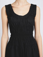 Detail image of model wearing Poplin Gathered Midi Dress in BLACK