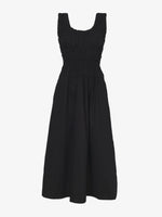 Front full length image of model wearing Poplin Gathered Dress in BLACK