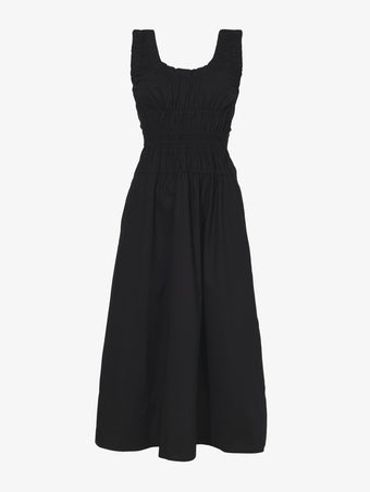 Front full length image of model wearing Poplin Gathered Dress in BLACK