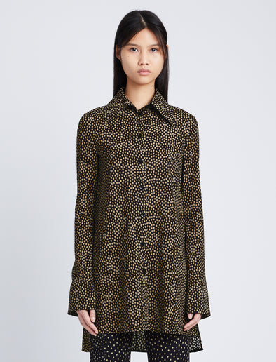 Cropped front image of model wearing Printed Dot Crepe De Chine Shirt in khaki multi