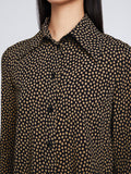 Detail image of model wearing Printed Dot Crepe De Chine Shirt in khaki multi