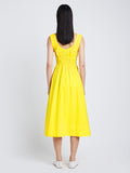 Back image of model wearing Poplin Gathered Midi Dress in sun