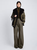 Front full length image of model wearing Faux Sherpa Jacket in WOOD/BLACK