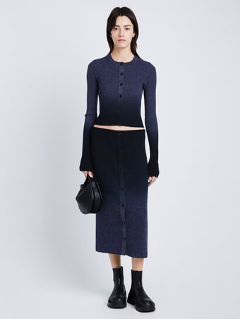 Front full length image of model wearing Gradient Marl Knit Skirt in STEEL GREY / BLACK