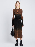 Front full length image of model wearing Gradient Marl Cardigan in BROWN MELANGE / BLACK