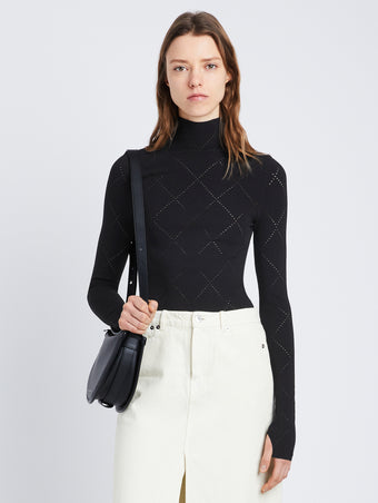 Front cropped image of model wearing Pointelle Diamonds Turtleneck Top in BLACK
