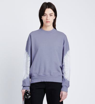 Cropped front image of model in Ring Tie Dye Sweatshirt in Lilac/Off White