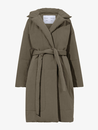 Still life of Technical Suiting Wrap Coat in WOOD untied