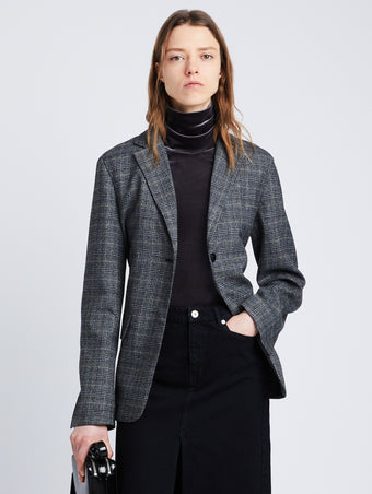 Front cropped image of model wearing Plaid Suiting Blazer in BLACK/OFFWHITE/CITRON
