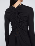 Detail image of model wearing Matte Crepe Long Sleeve Top in BLACK