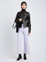 Front full length image of model wearing Sculpted Lightweight Leather Jacket in BLACK