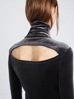 Detail image of model wearing Stretch Velvet Turtleneck Top in PEWTER unbuttoned