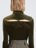 Detail image of model wearing Stretch Velvet Turtleneck Top in MILITARY buttoned