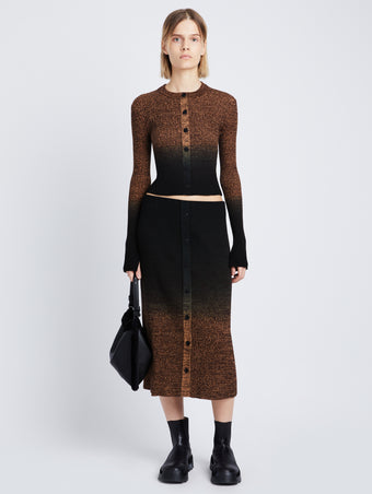 Front full length image of model wearing Gradient Marl Knit Skirt in BROWN MELANGE / BLACK