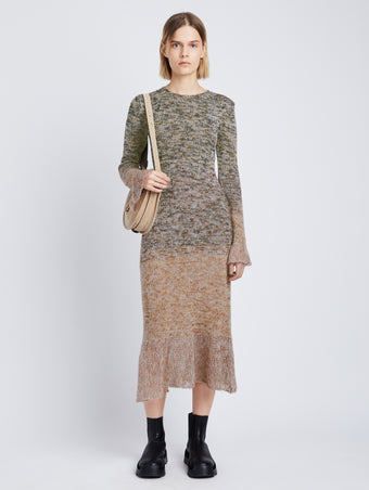 Front full length image of model wearing Multi Marl Knit Dress in DARK CAMEL MELANGE