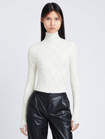 Front cropped image of model wearing Pointelle Diamonds Turtleneck Top in OFF WHITE