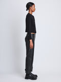 Side full length image of model wearing Melton Double Face Jacket in BLACK / STEEL GREY on BLACK side