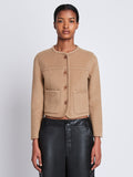 Front cropped image of model wearing Melton Double Face Jacket in CAMEL / OFF WHITE on CAMEL side