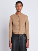 Front cropped image of model wearing Melton Double Face Jacket in CAMEL / OFF WHITE on CAMEL side