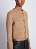 Detail image of model wearing Melton Double Face Jacket in CAMEL / OFF WHITE on CAMEL side