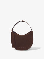 Front image of Medium Baxter Suede Bag in CHOCOLATE with handle tightened