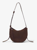 Front image of Medium Baxter Suede Bag in CHOCOLATE with straps splayed