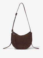 Front image of Medium Baxter Suede Bag in CHOCOLATE with straps splayed