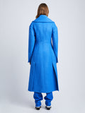 Back full length image of model wearing Double Face Llama Wool Coat in AZURE