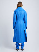 Back full length image of model wearing Double Face Llama Wool Coat in AZURE